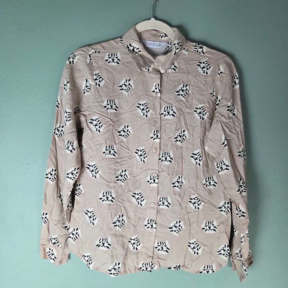 Compania Fantastica Womens Small Tan Camisa Sand Cat Print Button Front Blouse